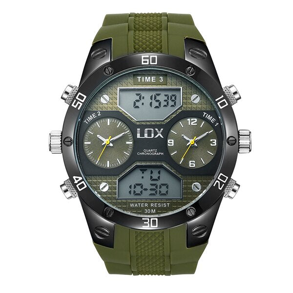LOX Men Sports 3 Times Analog Digital Watch Dual Display Multifunction Quartz Wristwatches Outdoor Fun Military Montre Homme - testgreenapp