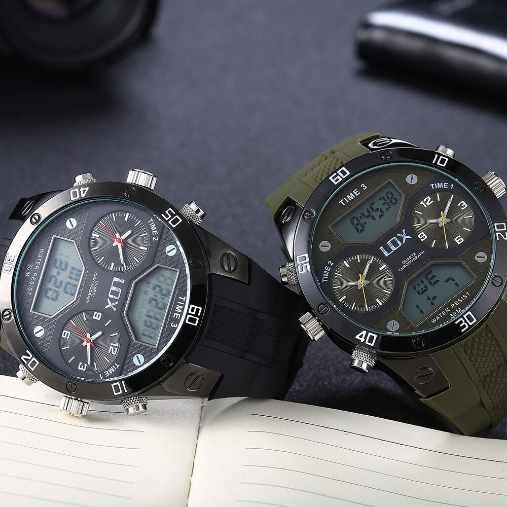 LOX Men Sports 3 Times Analog Digital Watch Dual Display Multifunction Quartz Wristwatches Outdoor Fun Military Montre Homme - testgreenapp