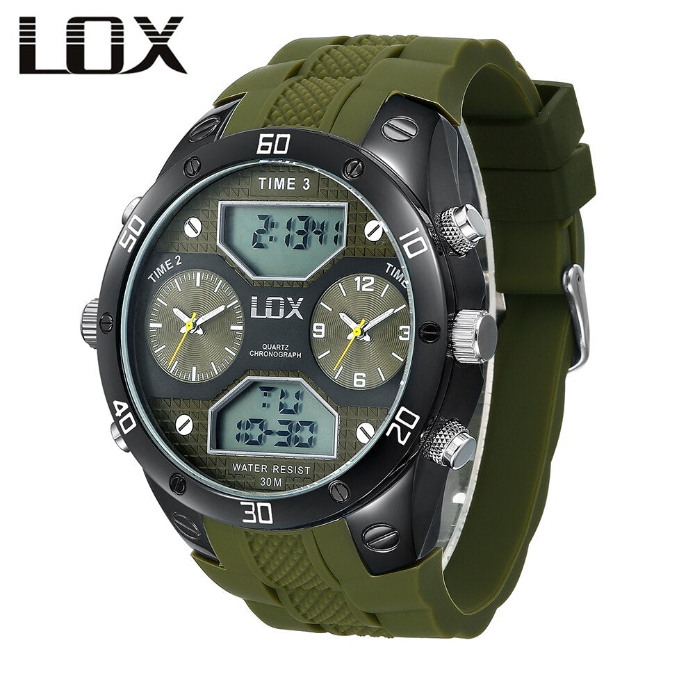 LOX Men Sports 3 Times Analog Digital Watch Dual Display Multifunction Quartz Wristwatches Outdoor Fun Military Montre Homme - testgreenapp