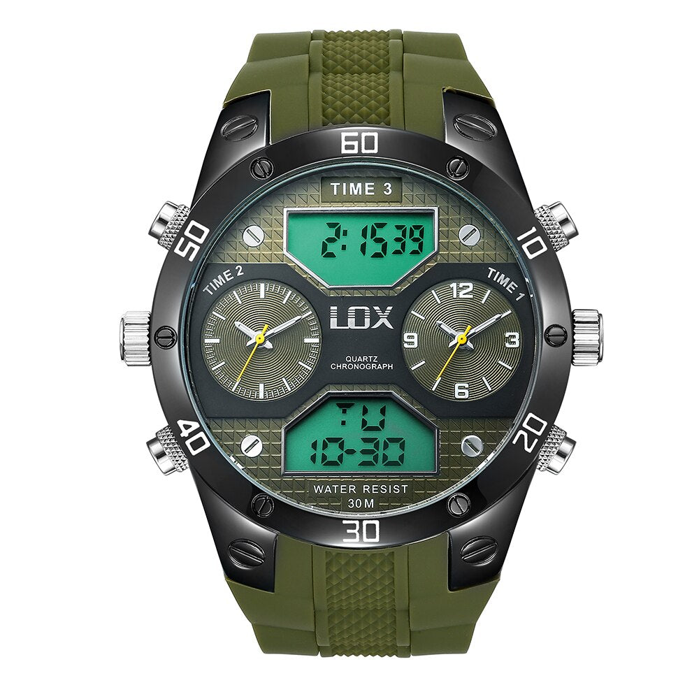 LOX Men Sports 3 Times Analog Digital Watch Dual Display Multifunction Quartz Wristwatches Outdoor Fun Military Montre Homme - testgreenapp