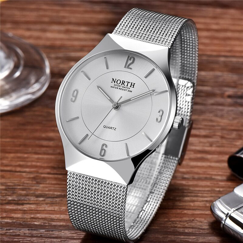 NORTH Mens Watches Top Brand Luxury Quartz Watch Men Silver Steel Mesh Band Casual Waterproof Sport Watch Man Relogio Masculino - testgreenapp